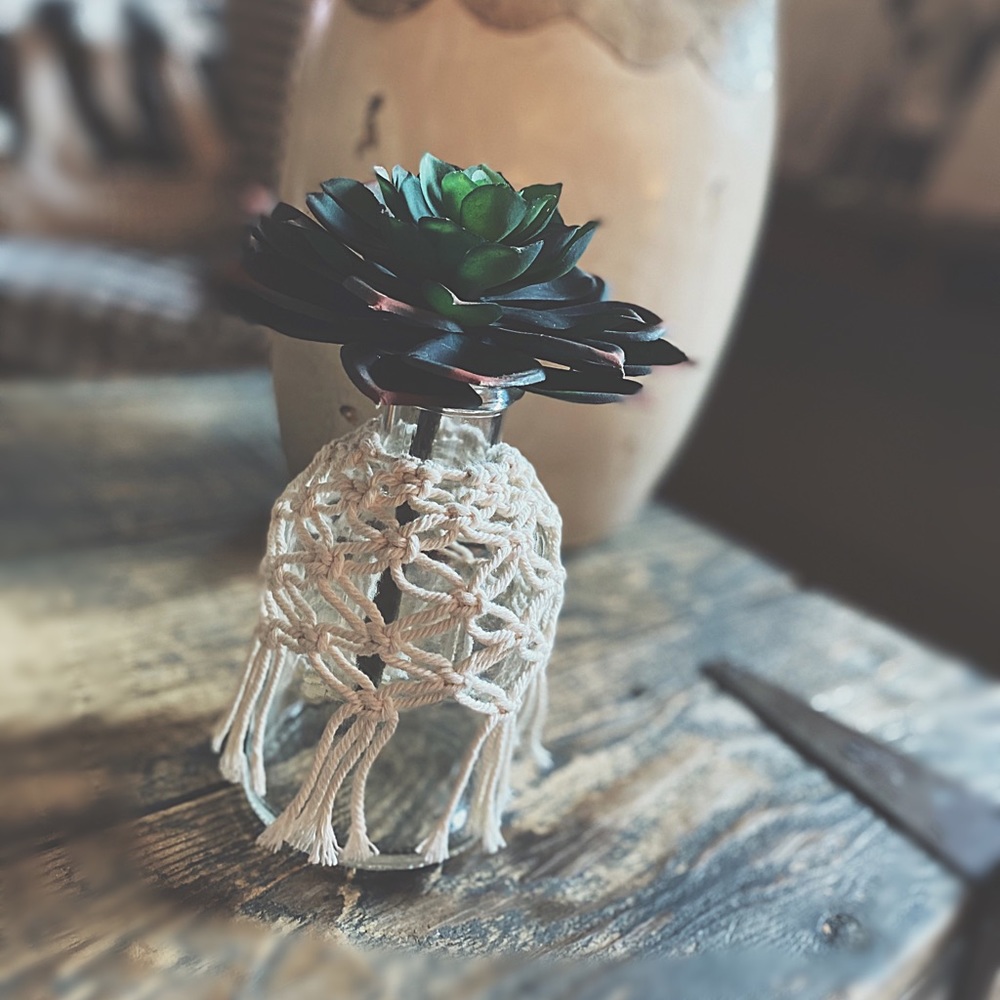 Artisan Macramé Wrapped Glass Bottle | Faux Echeveria Succulent | Boho Decor HP🌵
